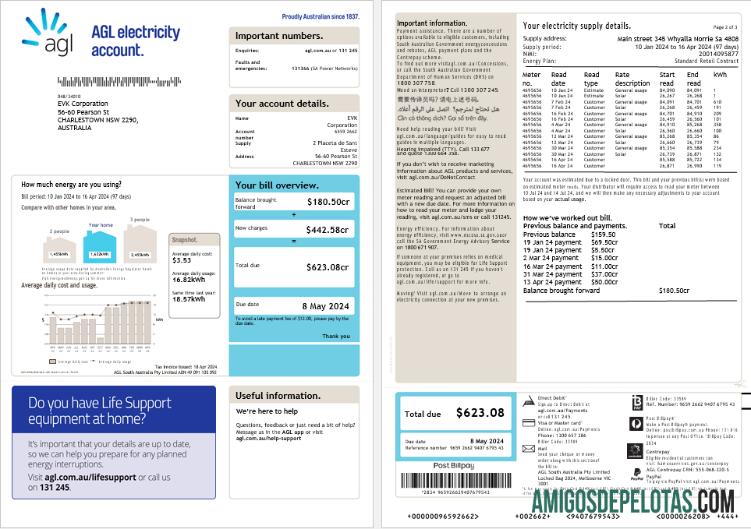 Conta de eletricidade AGL da Austrália Conta de serviços públicos de energia, 3 páginas, versão 2 amostra